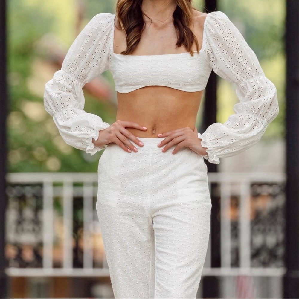 White Eyelet Crop Top and Pants Set